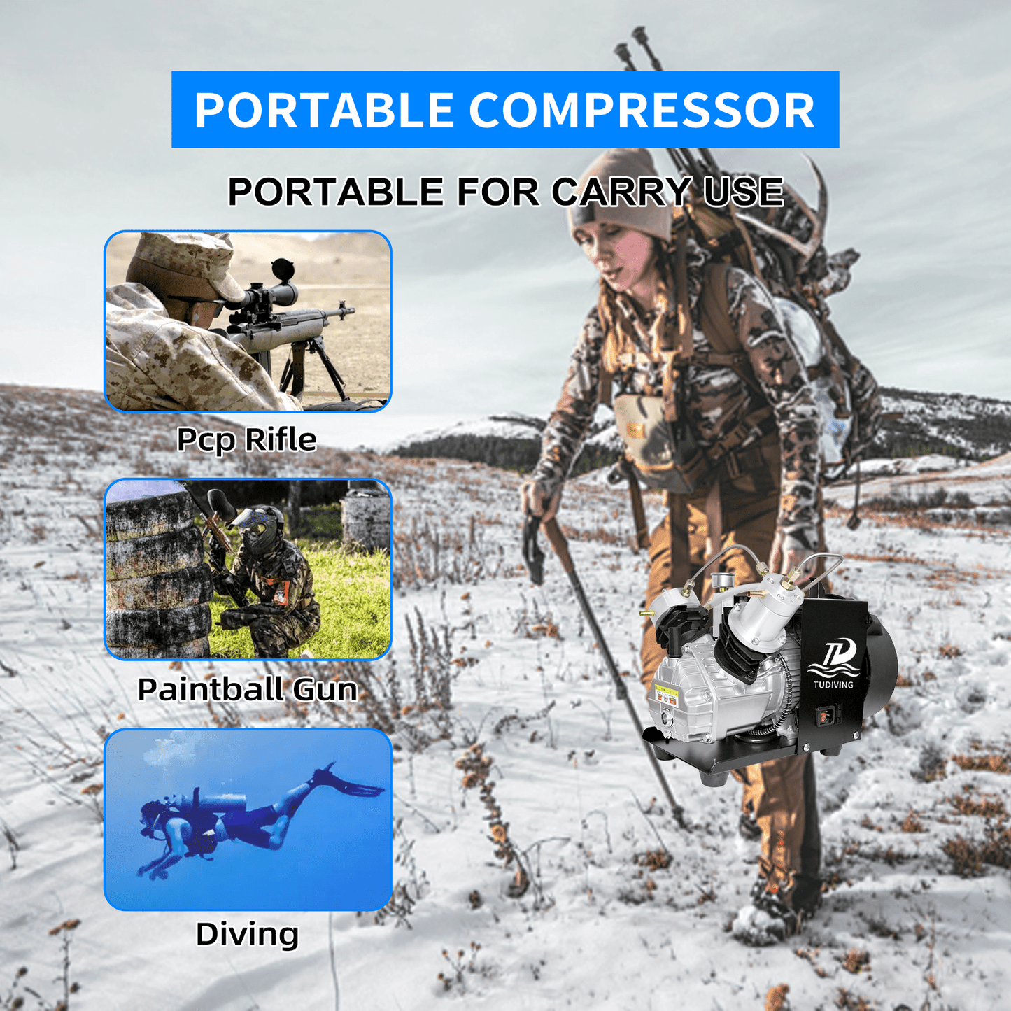 TUDIVING PCP Air Compressor 4500Psi/300Bar Double Cylinder High Pressure Air Pump 40L/min 110V