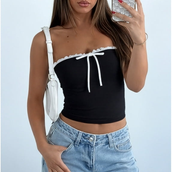 SOMER Strapless Tops for Women, Tube Top Ruffle Trim Bow Tie Bandeau Sleeveless Slim Fit Crop Top for Casual Party Clubwear