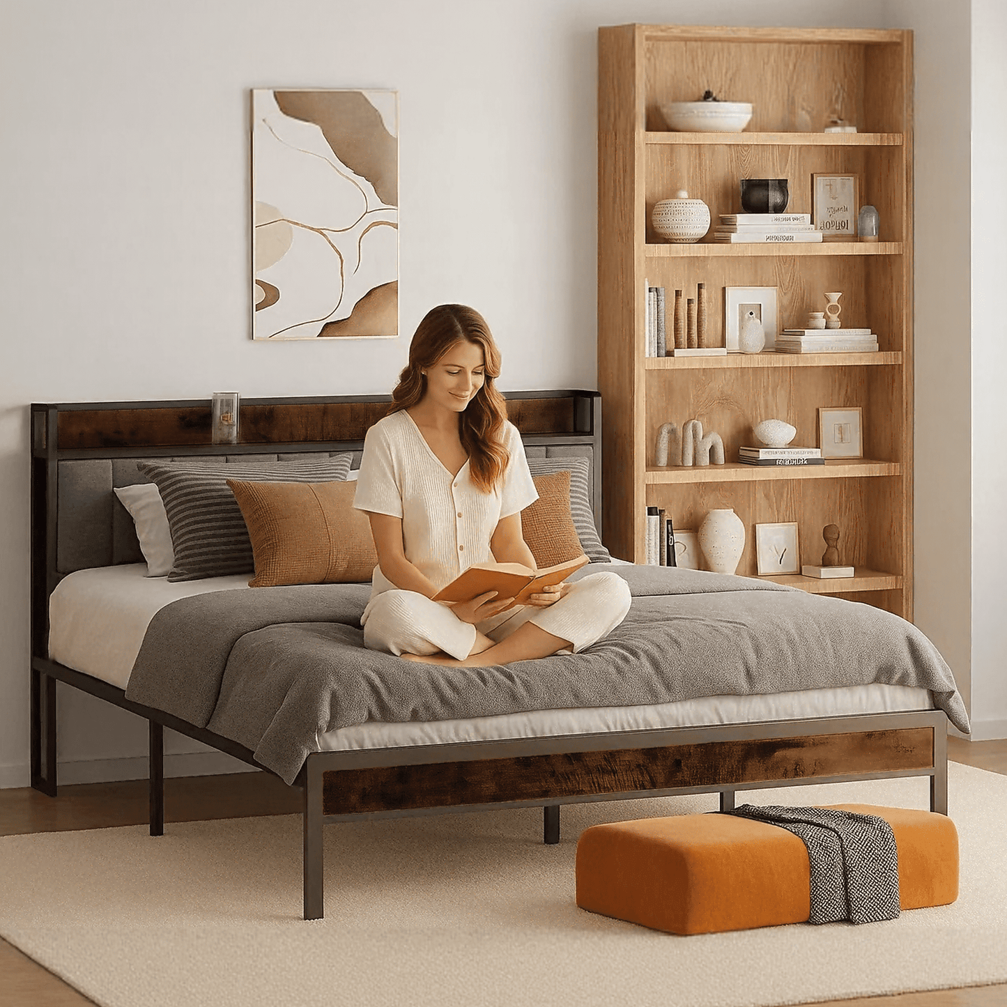 Dowellia Full Size Bed Frame with Upholstered Storage Headboard and Wood Footboard, Gray