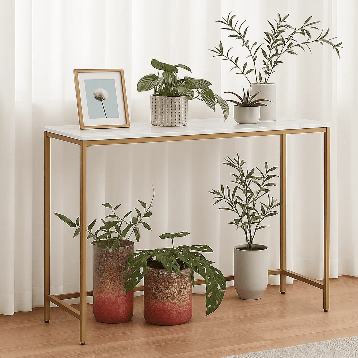 Dowellia Entryway Dresser, Faux Marble MDF Style Panel Sofa Table with Gold Border (Single, White Marble)