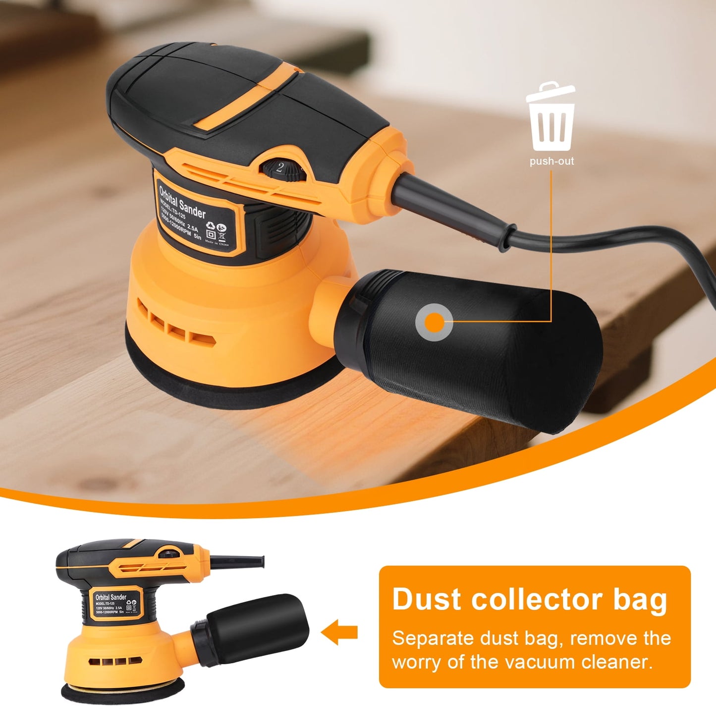 5-Inch Random Orbital Sander,12000RPM Variable Speed Palm Sander,Electric Orbital Sander with 20 Sanding Pads & Dust Bag, Compact Power Tool for Wood Finishing, Metal Sanding, Home Renovation