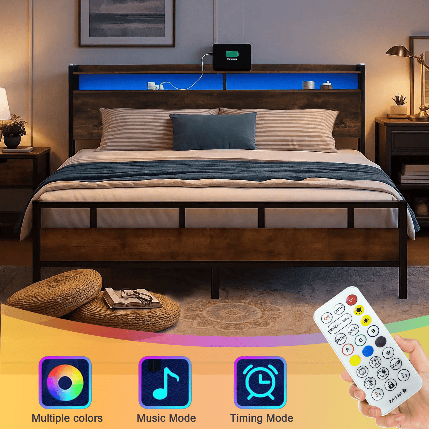 Queen Bed Frame with Storage Headboard, LED Lights and USB Charging Station, Metal Bed Frame, Rustic Brown