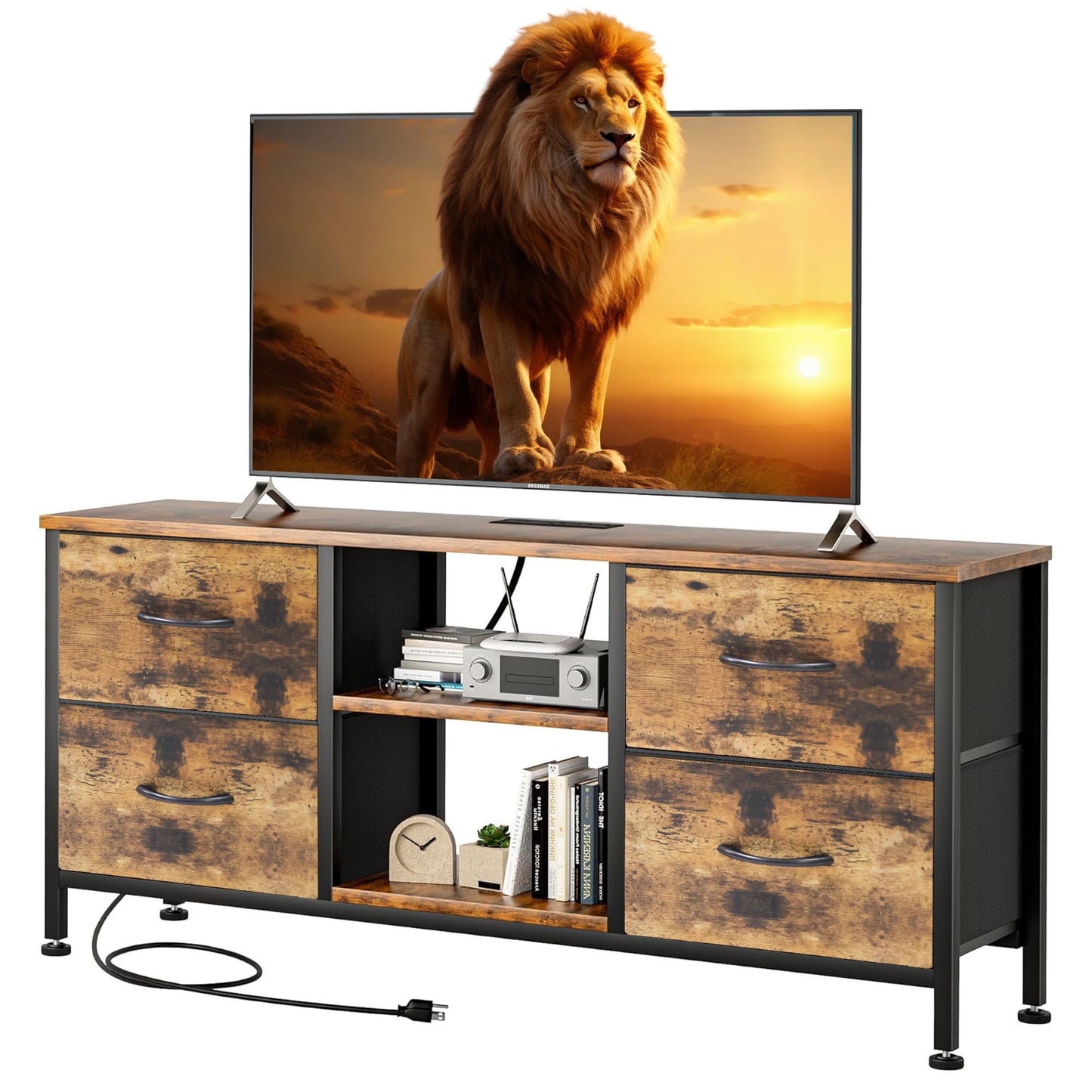 Dowellia Living Room 43-inch TV Stand with Electrical Outlet and 4 Fabric Cabinets, Brown wooden panel
