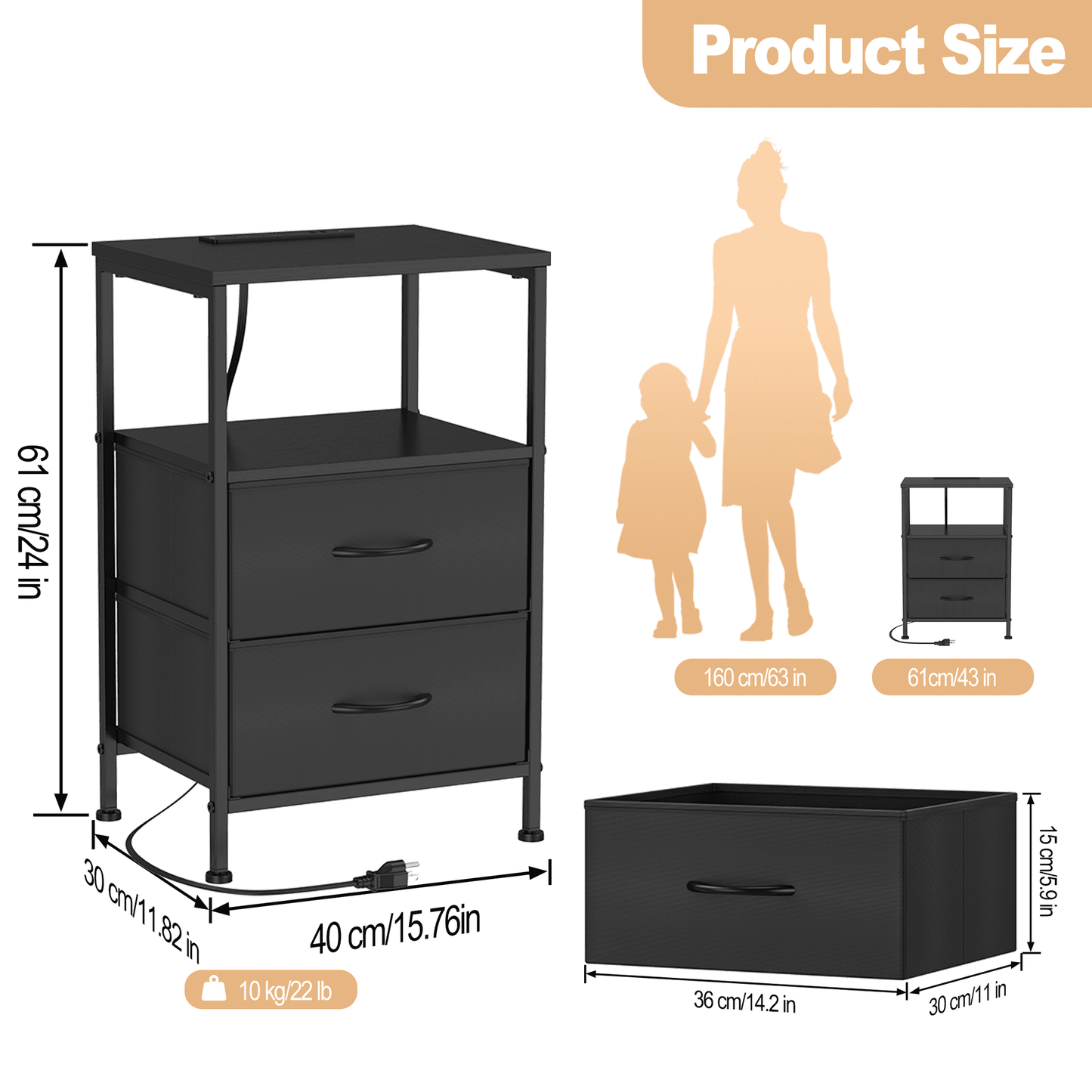 EZKAMFORT Night Stand Set 2 for Bedroom, Side Table with Charging Station, Black End Tables with Usb Ports and AC Outlets