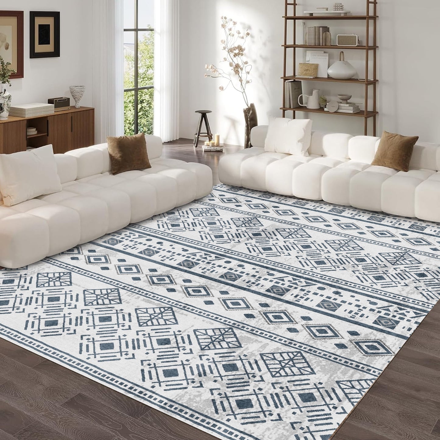 8x10 Rugs for Living Room Black, Washable Boho Area Rug Non-Slip, Ultra Soft Geometric Tribal Traditional Farmhouse Carpet for Dining Room Bedroom Dorm Office Home Decor