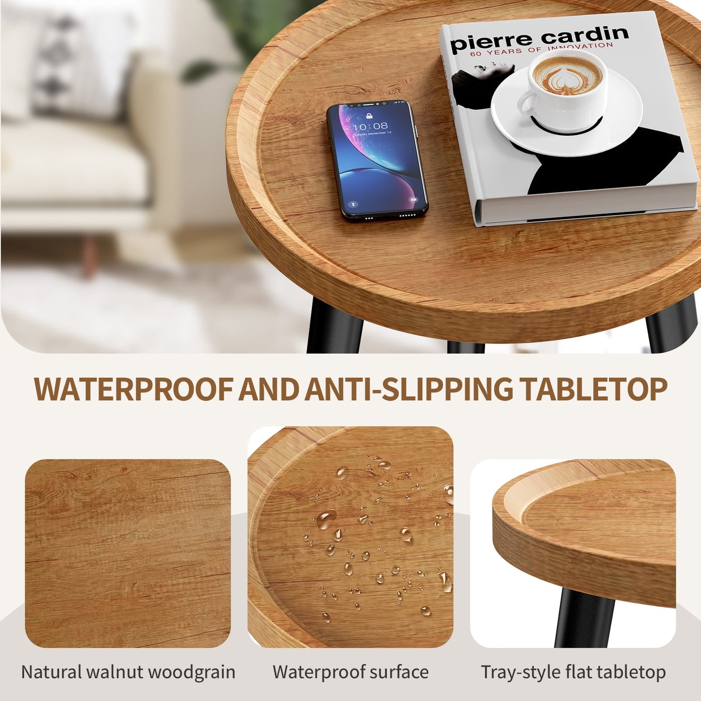 Krpimt Wood Round Coffee Table, Natural Finish Small Side Table for Living Room & Bedroom, Rustic End Table with Clean Lines, Easy Assembly