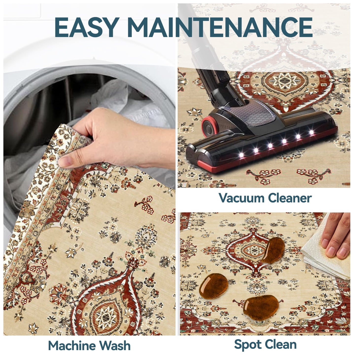4x6 Rug - Stain Resistant Washable Rug, Anti Slip Backing Rugs for Living Room, Foldable Vintage Small Area Rugs, Red