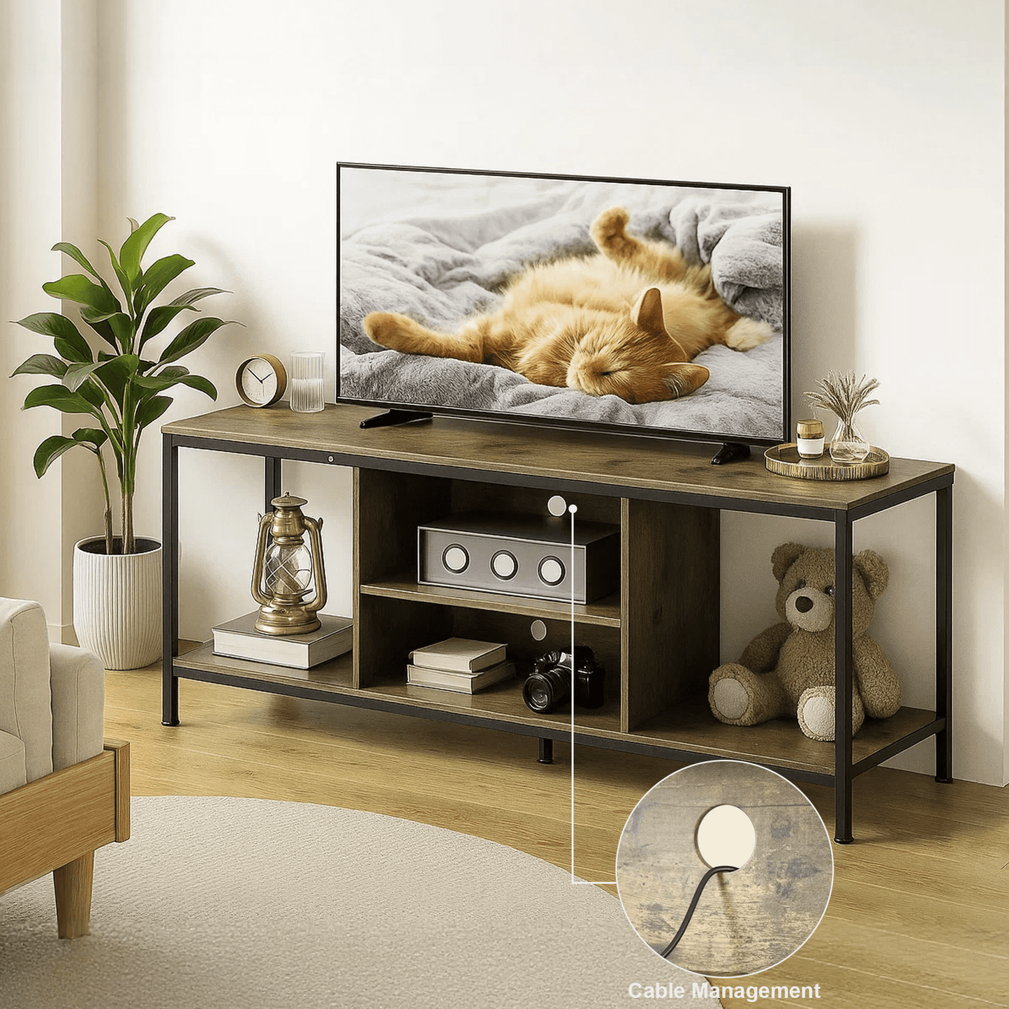 Dowellia Mid-Century Wooden TV Stand for TVs up to 60" with Open Storage Shelves and Metal Frame - Retro
