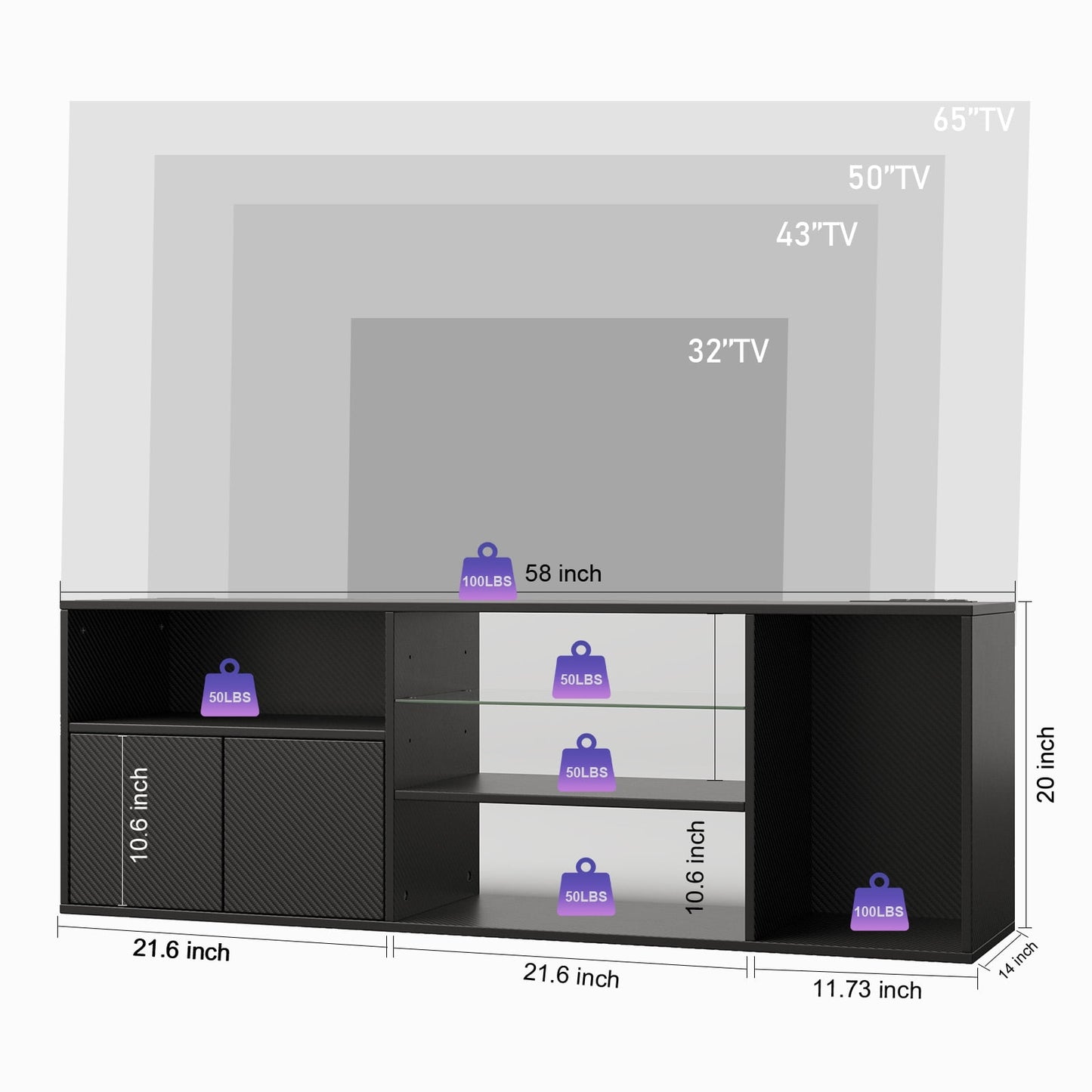 TV Stand for Living Room, Entertainment Center for TVs up to 65 inch, TV Console Table with Adjustable Shelves, Carbon fiber