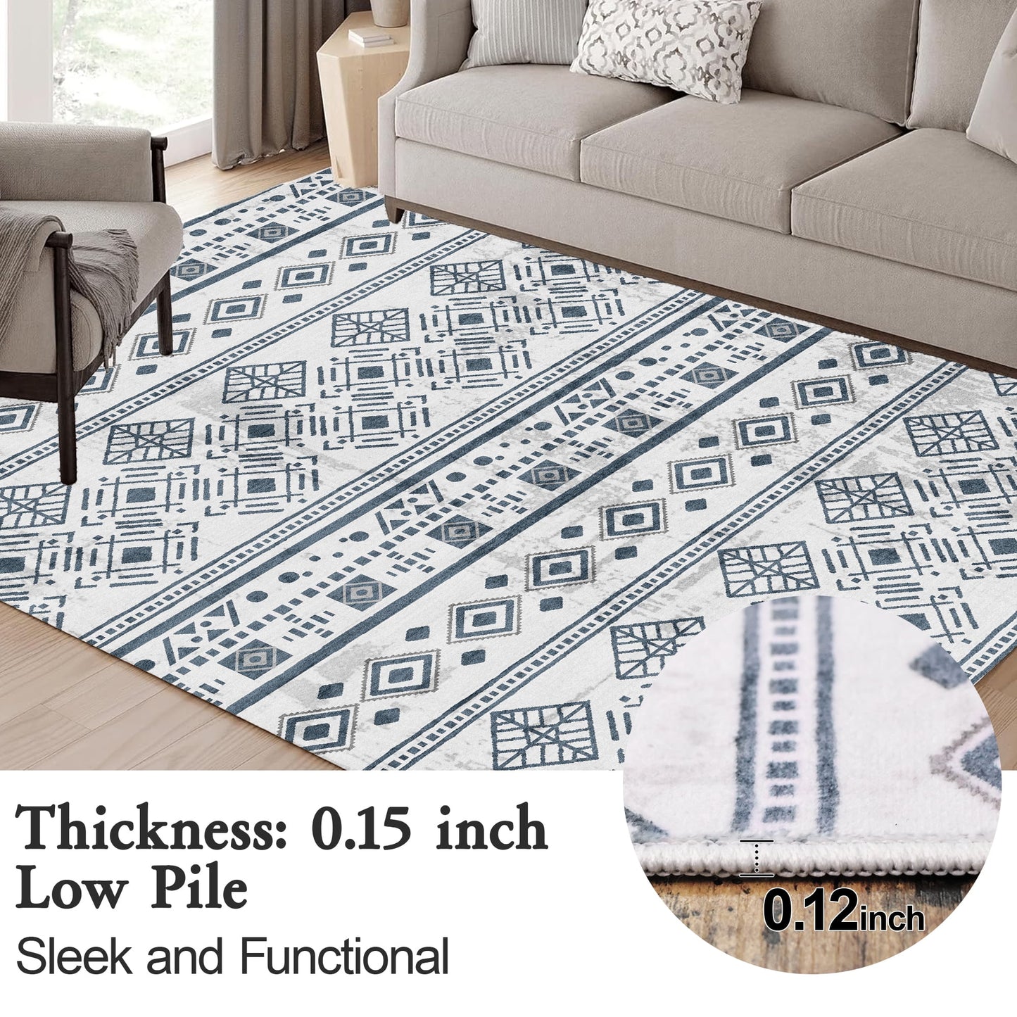 8x10 Rugs for Living Room Black, Washable Boho Area Rug Non-Slip, Ultra Soft Geometric Tribal Traditional Farmhouse Carpet for Dining Room Bedroom Dorm Office Home Decor
