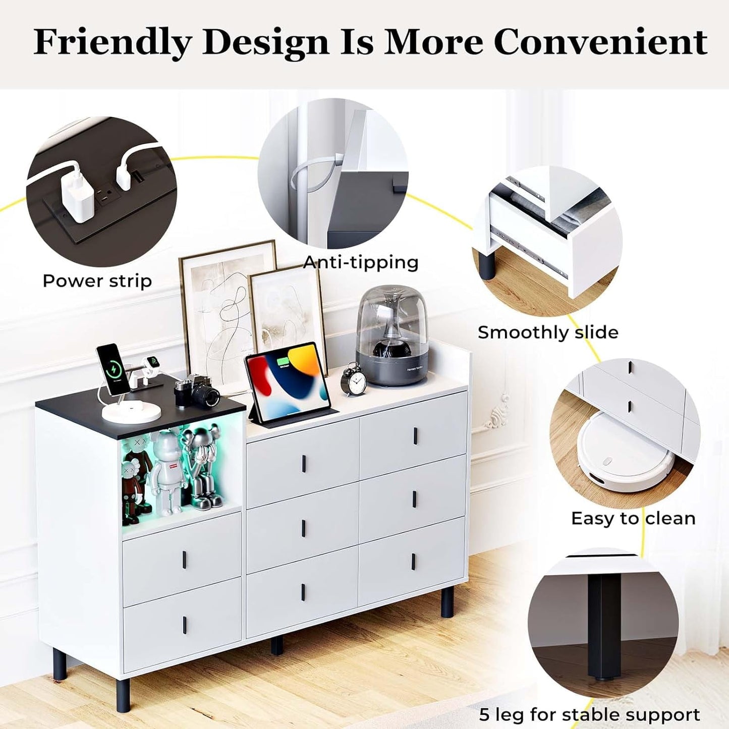 Dresser, Wooden Chest of Drawer for Bedroom, 8 Drawers Dresser with Charging Station, White
