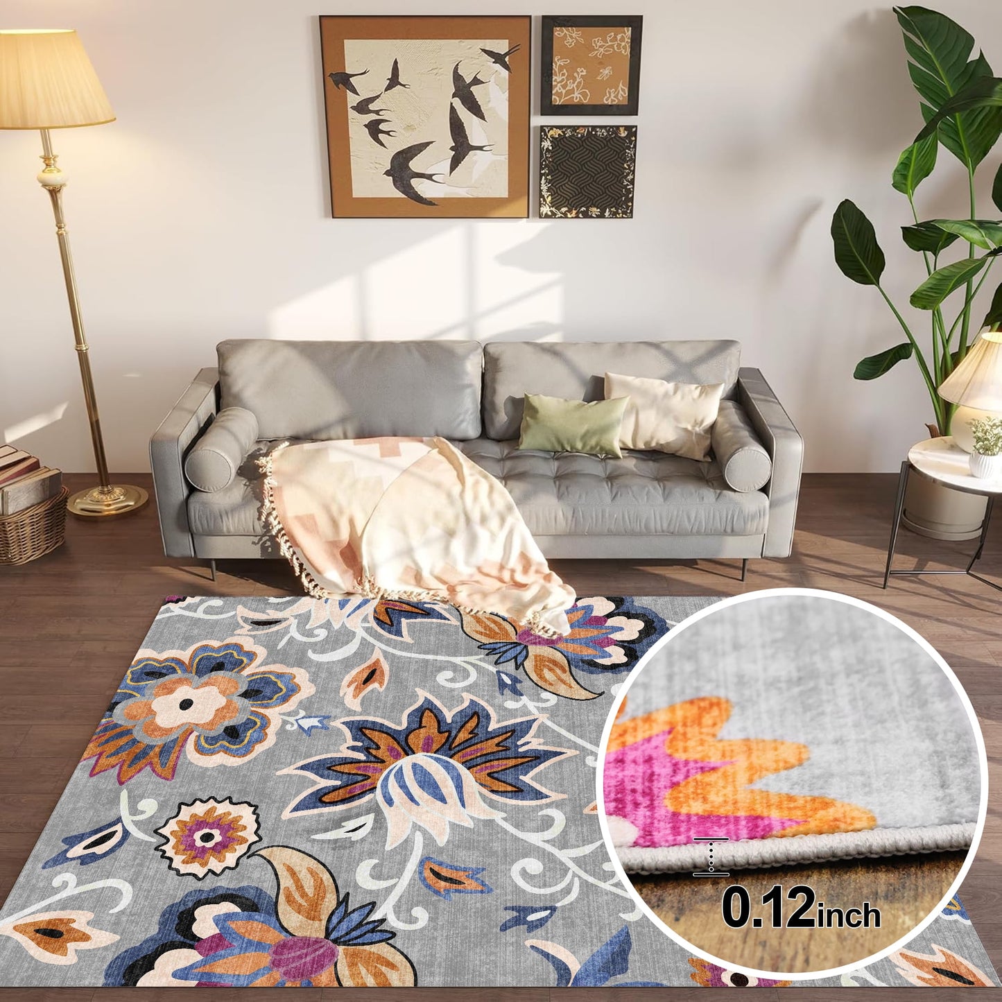 Floral Area Rug 4x6 Living Room Rug Non Slip Washable Bedroom Rug Soft Low Pile Flowers Floor Carpet for Living Dining Room,Blue