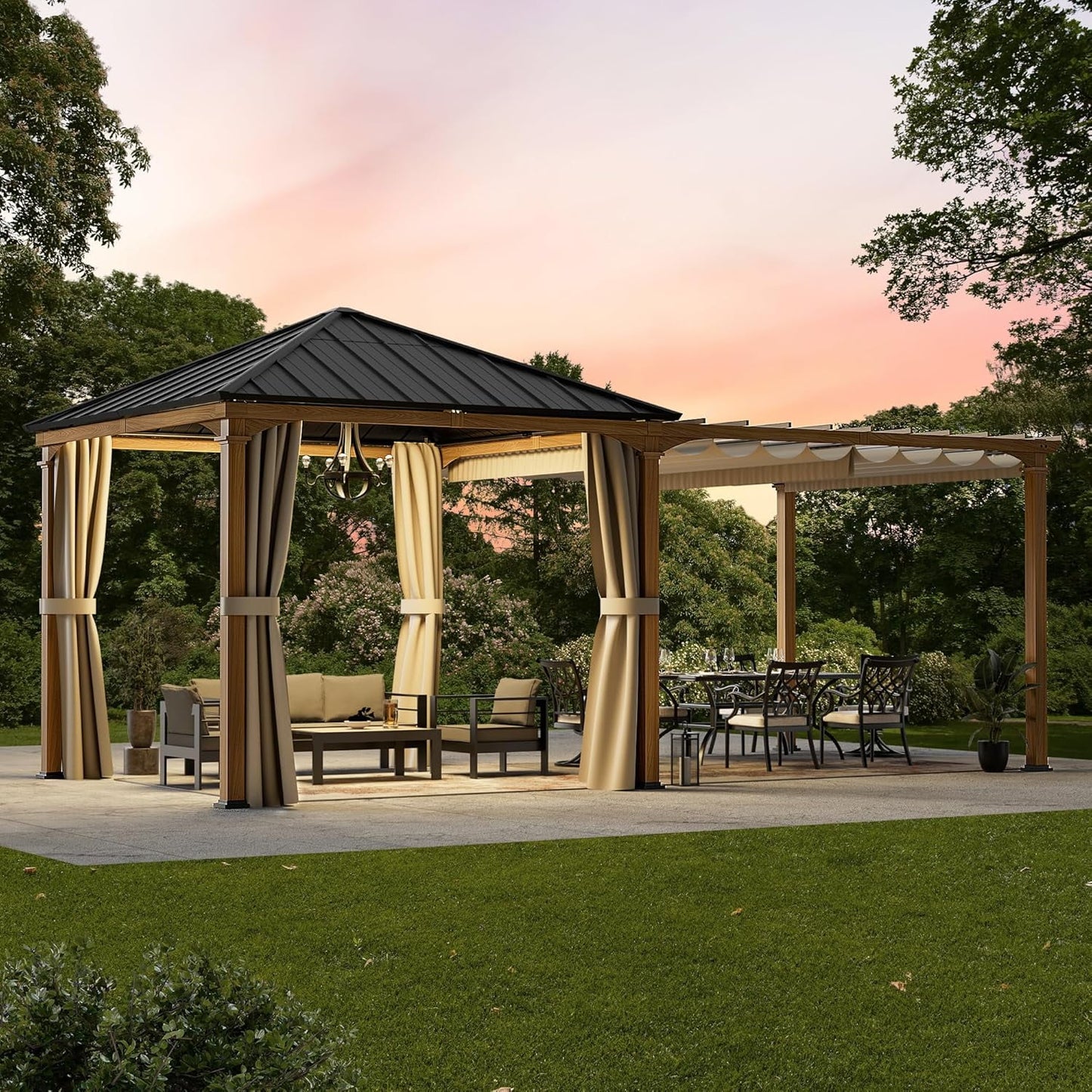 ModernShade 10'x20' Pergola Hybrid Gazebo with Adjustable Shade Fabric,Hardtop Roof,Privacy Curtains,Brown