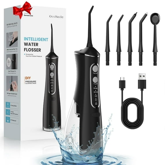 OasiSmile Water Flosser for Teeth Cleaning and Flossing, Portable Cordless Water Picks, Dental Floss 300ML Rechargeable Oral Irrigator with 5 Jet Tips for Home Travel Office, Black