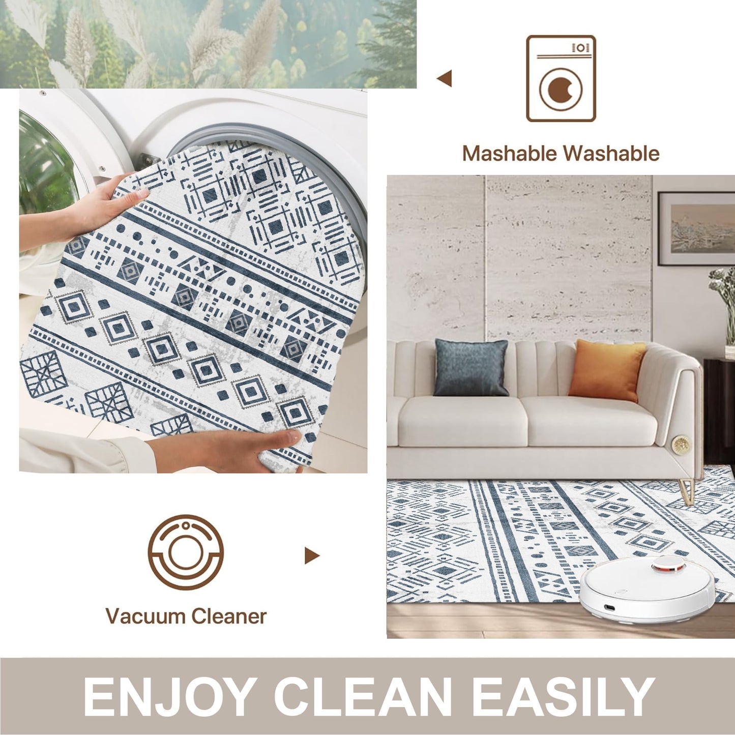 8x10 Rugs for Living Room Black, Washable Boho Area Rug Non-Slip, Ultra Soft Geometric Tribal Traditional Farmhouse Carpet for Dining Room Bedroom Dorm Office Home Decor