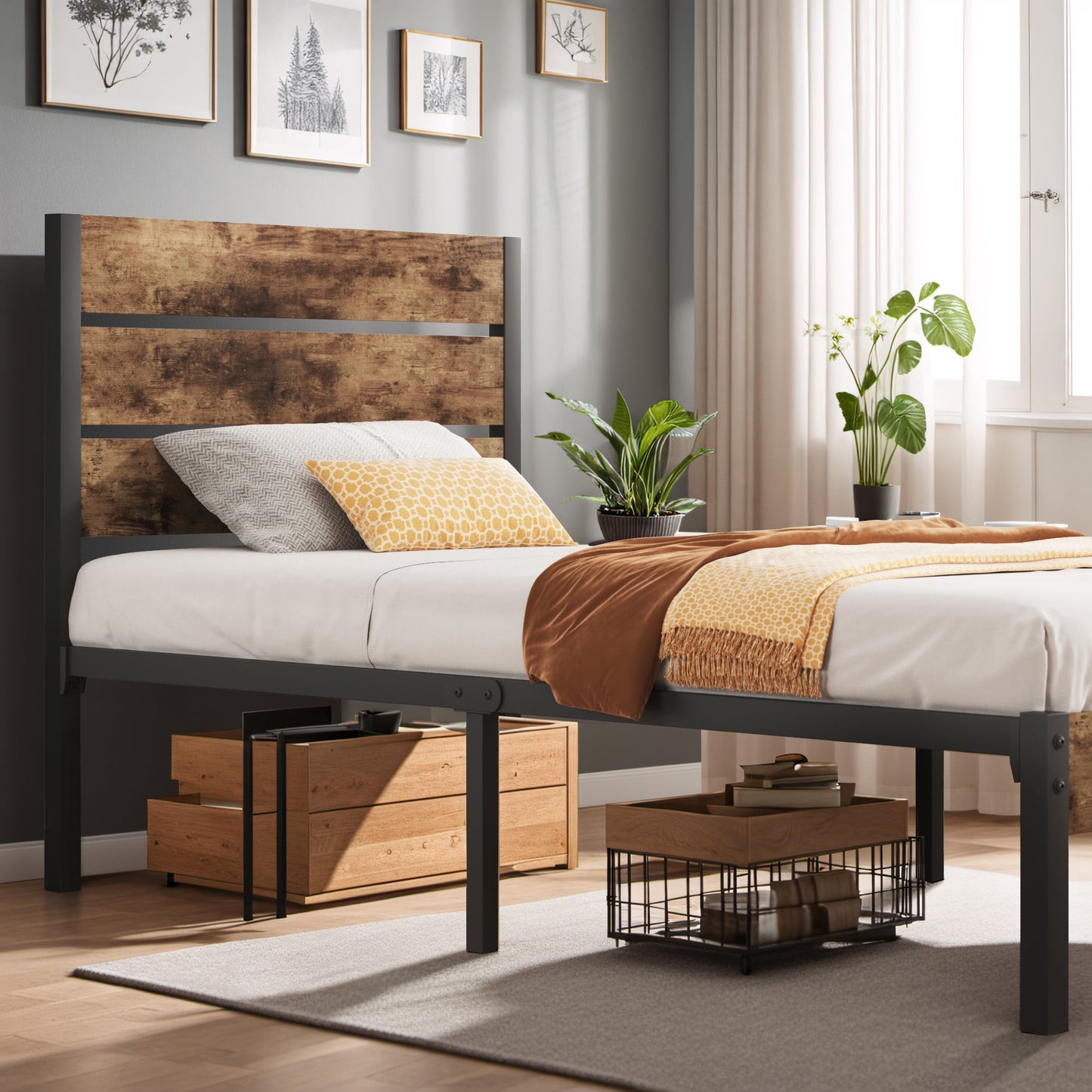 Dowellia Full Size Bed Frame with Headboard and Footboard, Metal Support, Rustic Brown