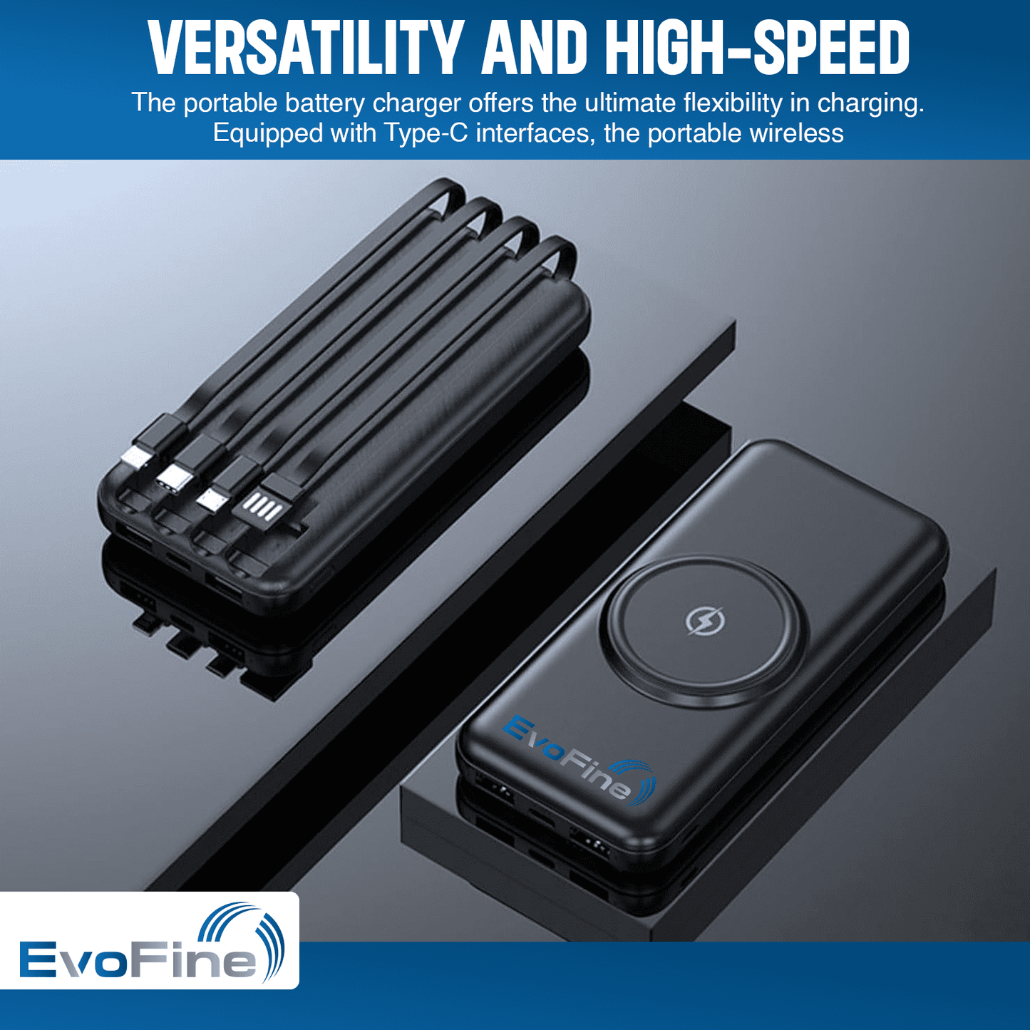 EvoFine Wireless Power Bank, Portable Charger with Built-in 4 Cables, Power Bank 20000mAh Charger