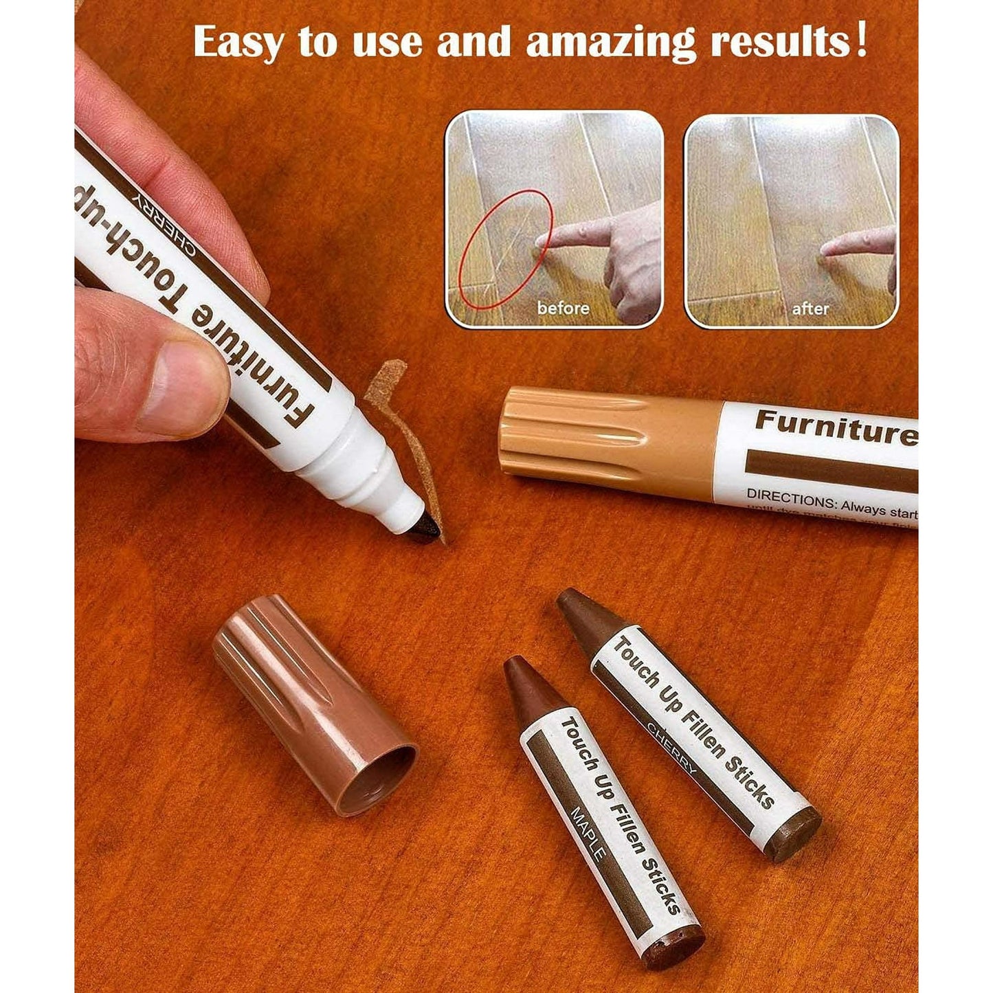 Furniture Repair Kit Wood Markers - Set of 12 - Markers and Wax Sticks with Sharpener Kit, for Stains, Scratches, Wood Floors, Tables, Desks, Carpenters, Bedposts