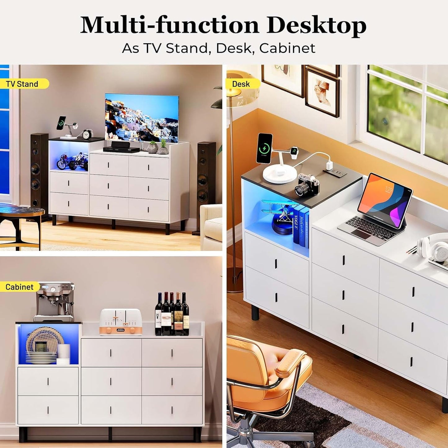 Dresser, Wooden Chest of Drawer for Bedroom, 8 Drawers Dresser with Charging Station, White