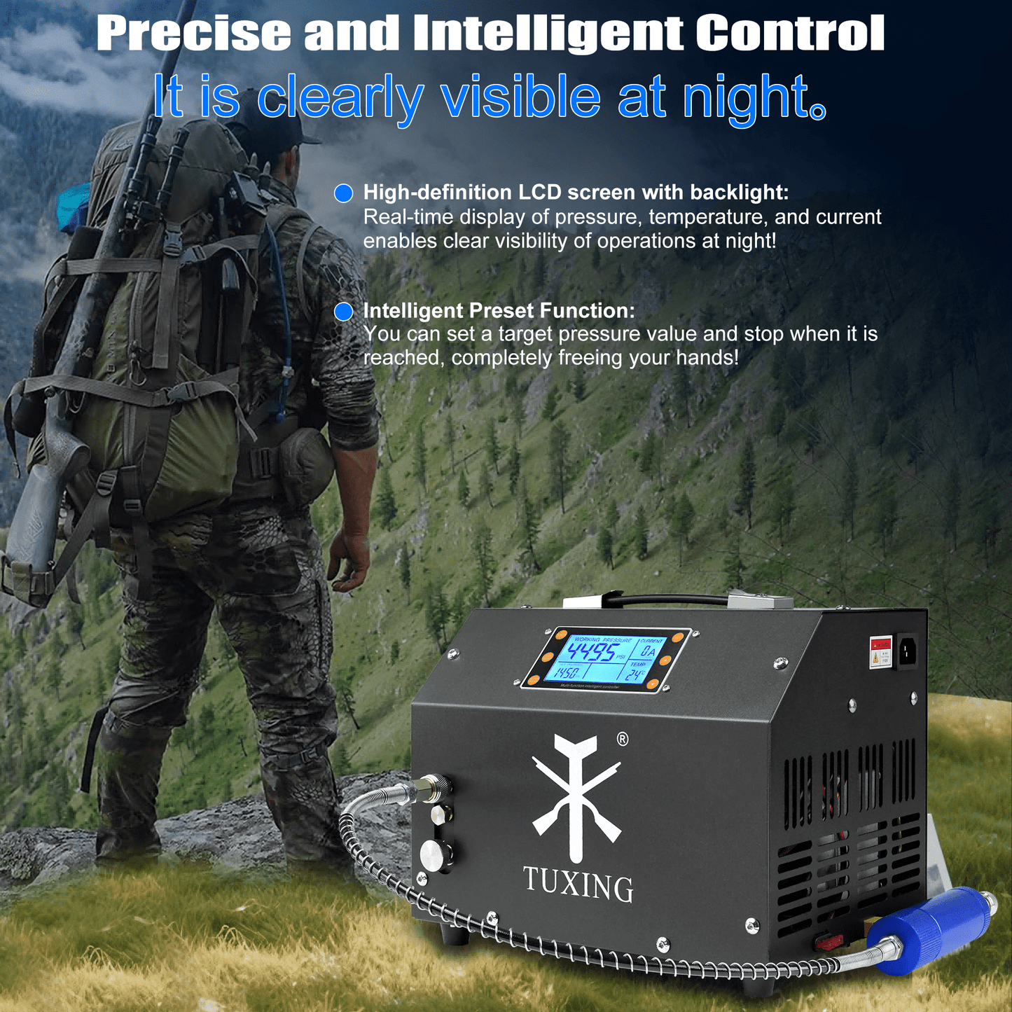 TUDIVING PCP Air Compressor LCD Display 4500Psi Built-in Converter Auto-Stop Portable Air Pump 110V