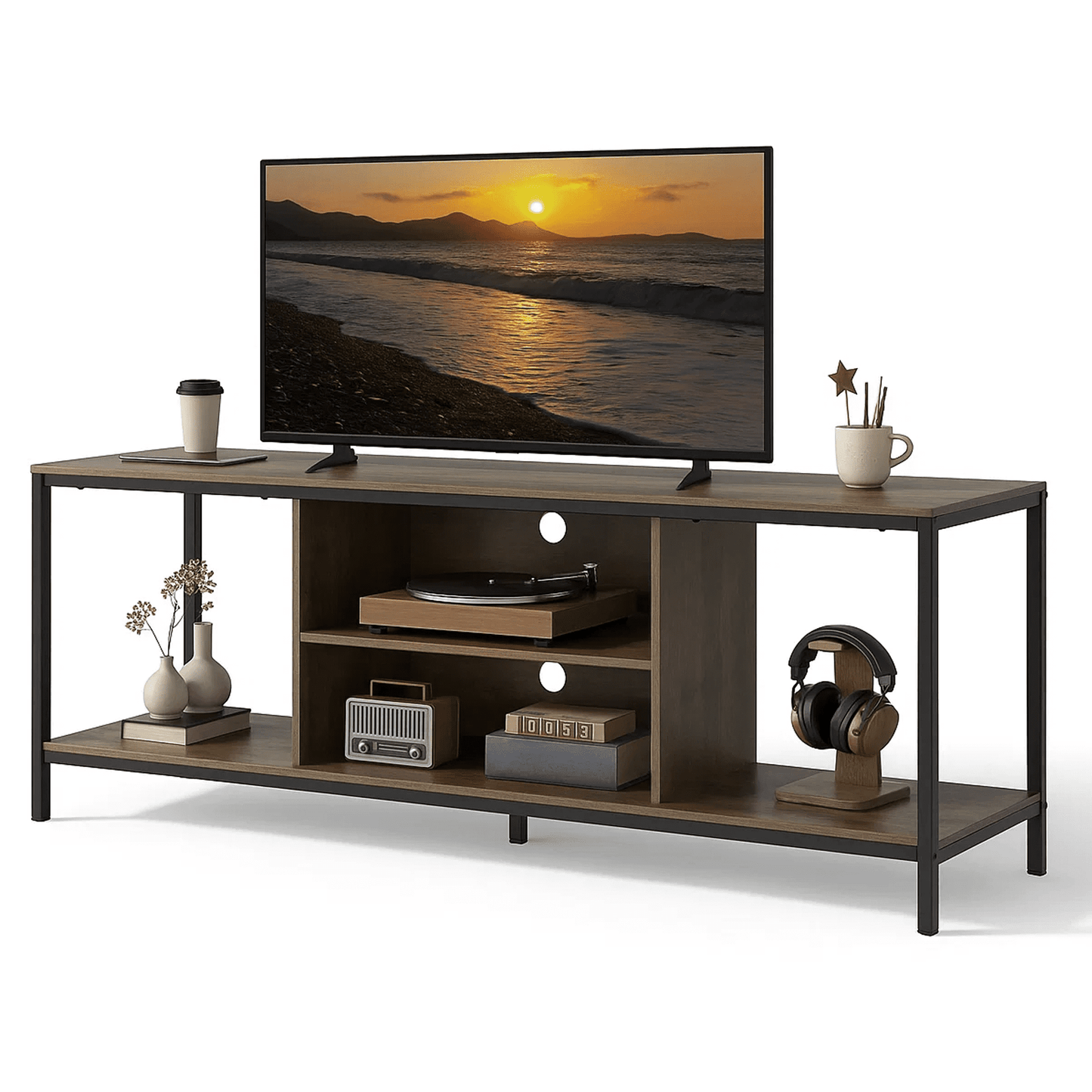 Dowellia Mid-Century Wooden TV Stand for TVs up to 60" with Open Storage Shelves and Metal Frame - Retro