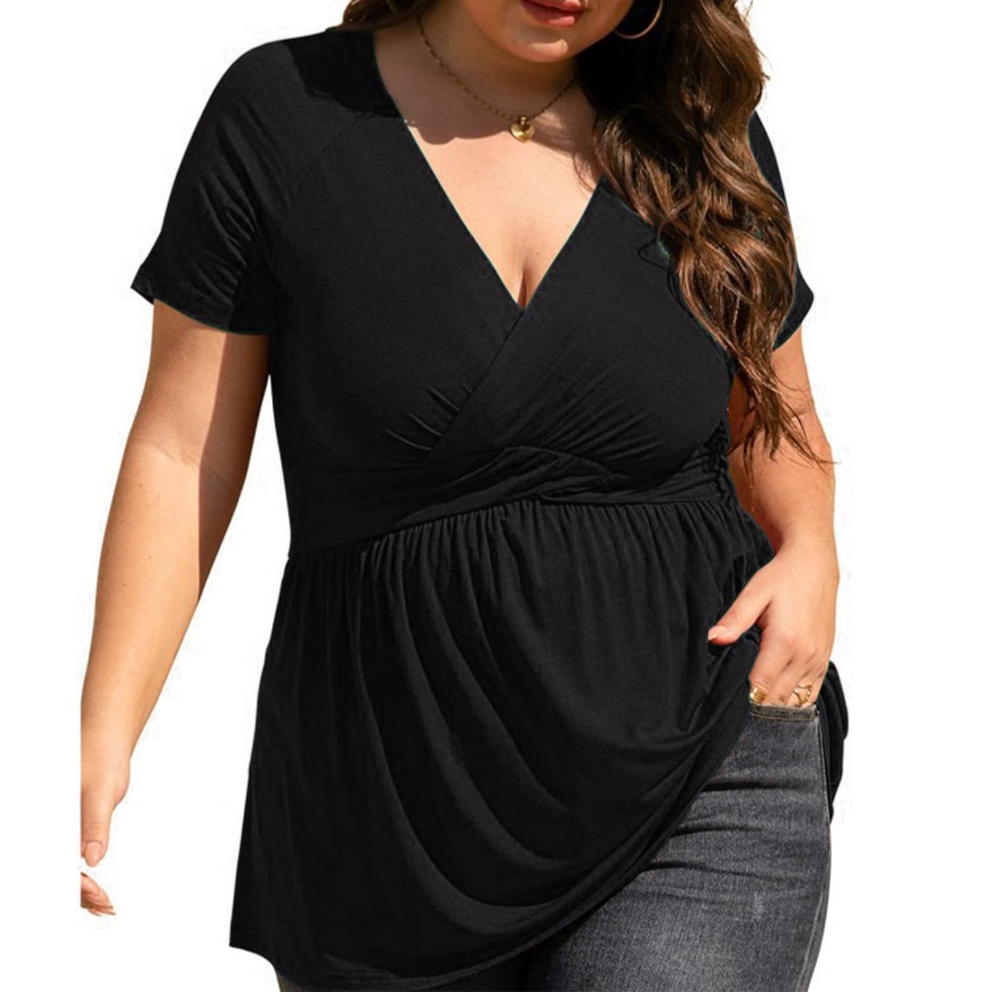 SOMER 2025 Women's Plus Size Tops V Neck Short Sleeve Plus Size Tunic Tops for Women Dressy Wrap Shirts