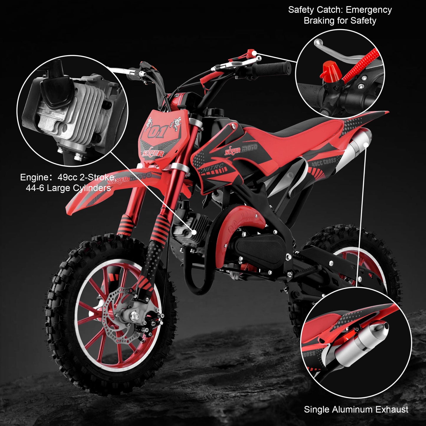 Ktoebyco 49cc Kids Dirt Bike, Gasoline Powered 2-Stroke Mini Motorcycle, 1-Seater, 1.5L Fuel Capacity, Red