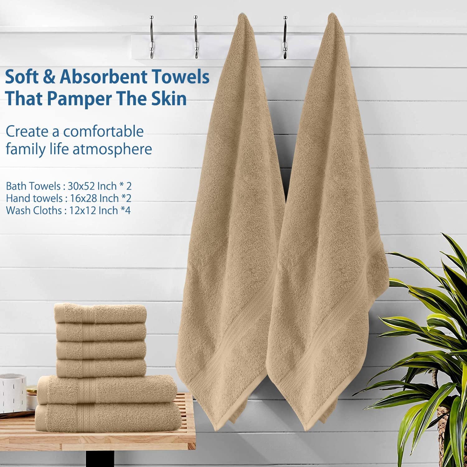 DAN RIVER 100% Cotton Bathroom Towel Set|2 Oversized Bath Towels 30x52| 2 Hand Towels 16x28| 4 Wash Cloths 12x12| Ideal for Home Hotel and Spa| Ultra Soft|Absorbent| Tan Towel Set|600 GSM| 8 Pc