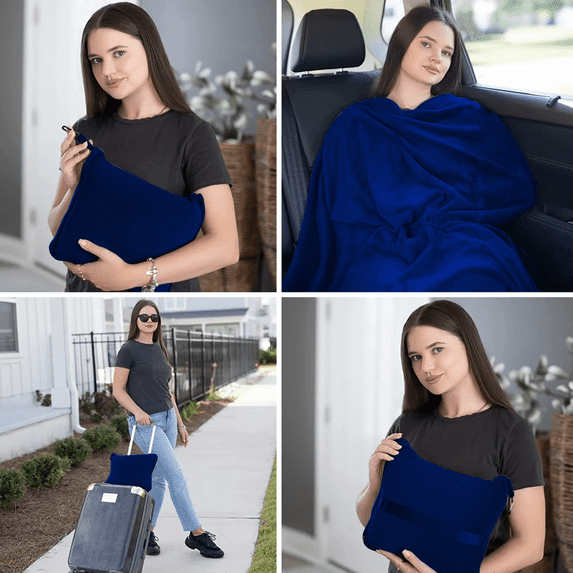 Strlinen 2-in-1 Travel Blanket & Pillow – Soft Airplane Blanket with Luggage Sleeve & Backpack Clip, Blue