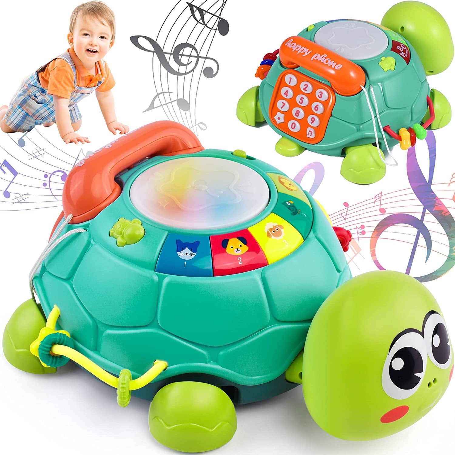 Boxgear Musical Turtle Toy - Baby Crawling Toys for Babies 18+ Months - Learning with Sound, Music, Lights, Phone, Letters, Numbers - for Motor Skills, Cognitive Development, Hand-Eye Coordination