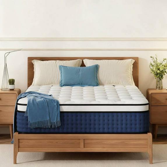 GREOO Full Size Mattress Euro Top, 12" Hybrid Mattress in a Box, Low Motion Transfer Breathable Construction Pressure Relief Individually Pocket Coils Firm Blue and White