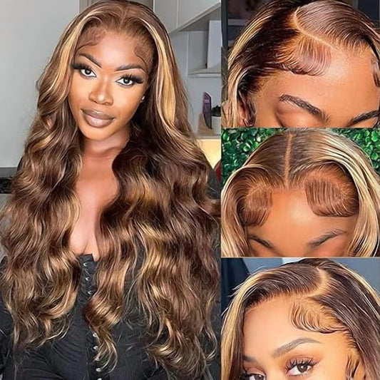 JUNGLE WAVE Body Wave Ombre Lace Front Wigs Human Hair for Women 180 Density 13x6 HD Transparent Lace Front Honey Blonde Wig 26 Inch