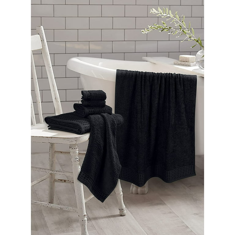 GLAMBURG 100% Cotton Ultra Soft 6 Pack Towel Set, Contains 2 Bath Towels 28x55 Inches, 2 Hand Towels 16x24 Inches & 2 Wash Coths 12x12 Inches, Compact Absorbent Lightweight & Quickdry - Black