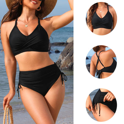 WQD Womens Bikini Set High Waisted 2 Piece Swimsuits Tummy Control Bathing Suits Crisscross Tie Back Push Up Bikinis Drawstring Swimwear