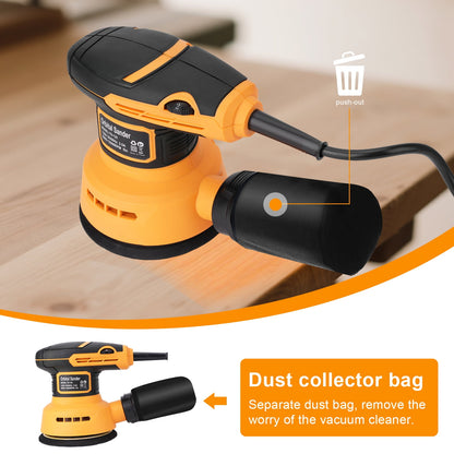 5-Inch Random Orbital Sander,12000RPM Variable Speed Palm Sander,Electric Orbital Sander with 20 Sanding Pads & Dust Bag, Compact Power Tool for Wood Finishing, Metal Sanding, Home Renovation