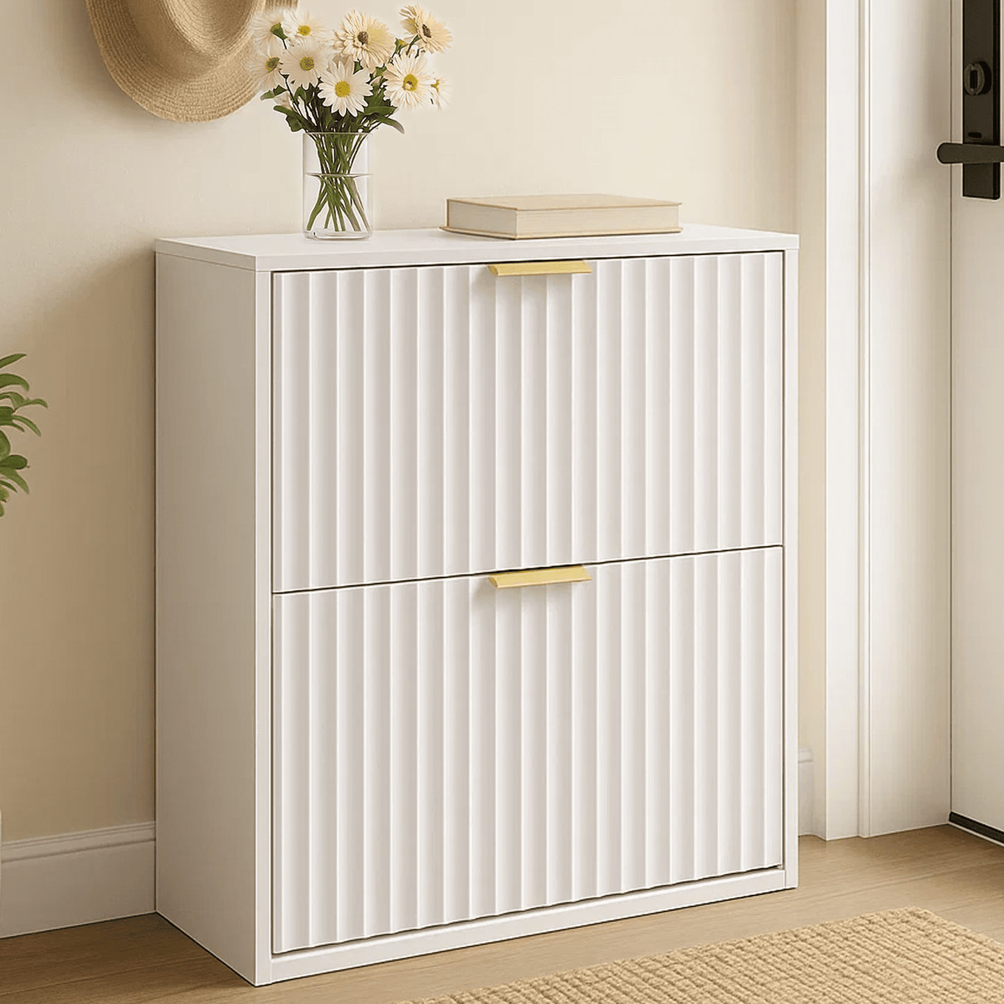 Dowellia Shoe storage cabinet with 2 flip-out drawers, Narrow shoe storage cabinet for entrance hall, Shoe storage cabinet in white wood