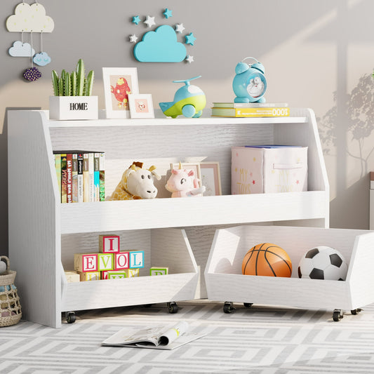 2-Tier Portable Toy Storage, Kids Toy Organizer W/2 Removable Bins with 4 Wheels（White)