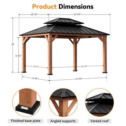 Modern Shade 11'x13'Outdoor Cedar Wood Hardtop Gazebo with Double Steel Roof, Hooks, for Backyard, Patio or Deck