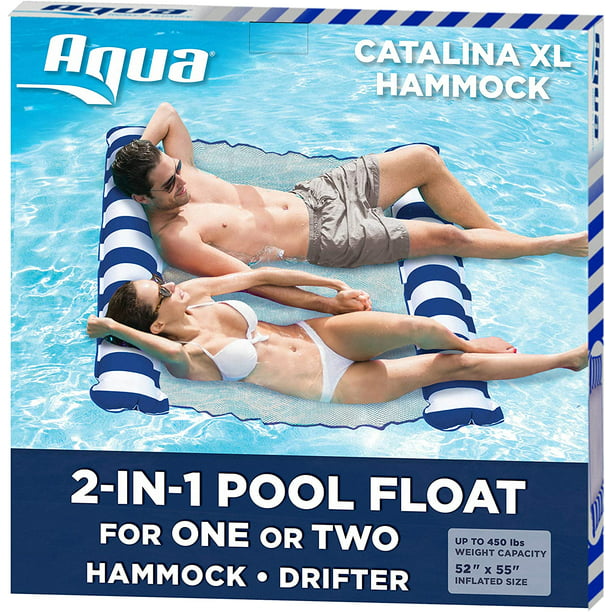 Intera Catalina XL Hammock, 4-in-1 Multi-Purpose Inflatable 1-2 Person Pool Float, Water Lounge, Navy/White Stripe