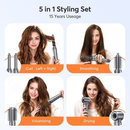 5 in 1 Air Wrap Hair Styler for Women, Bopcal Ion High-Speed Hair Dryer Brush, Fast Drying, Curling，Volumize, Straighten, Multi-function Hair Styling Tool, Gray