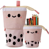 Cherry Standing Pencil Case for Girls, Boba Milk Tea Telescopic Pen Holder with Zipper & Pocket for Kids, Teens, Stand-Up Portable Desk Pencile Holder, School & Stationery Supplies - Pink