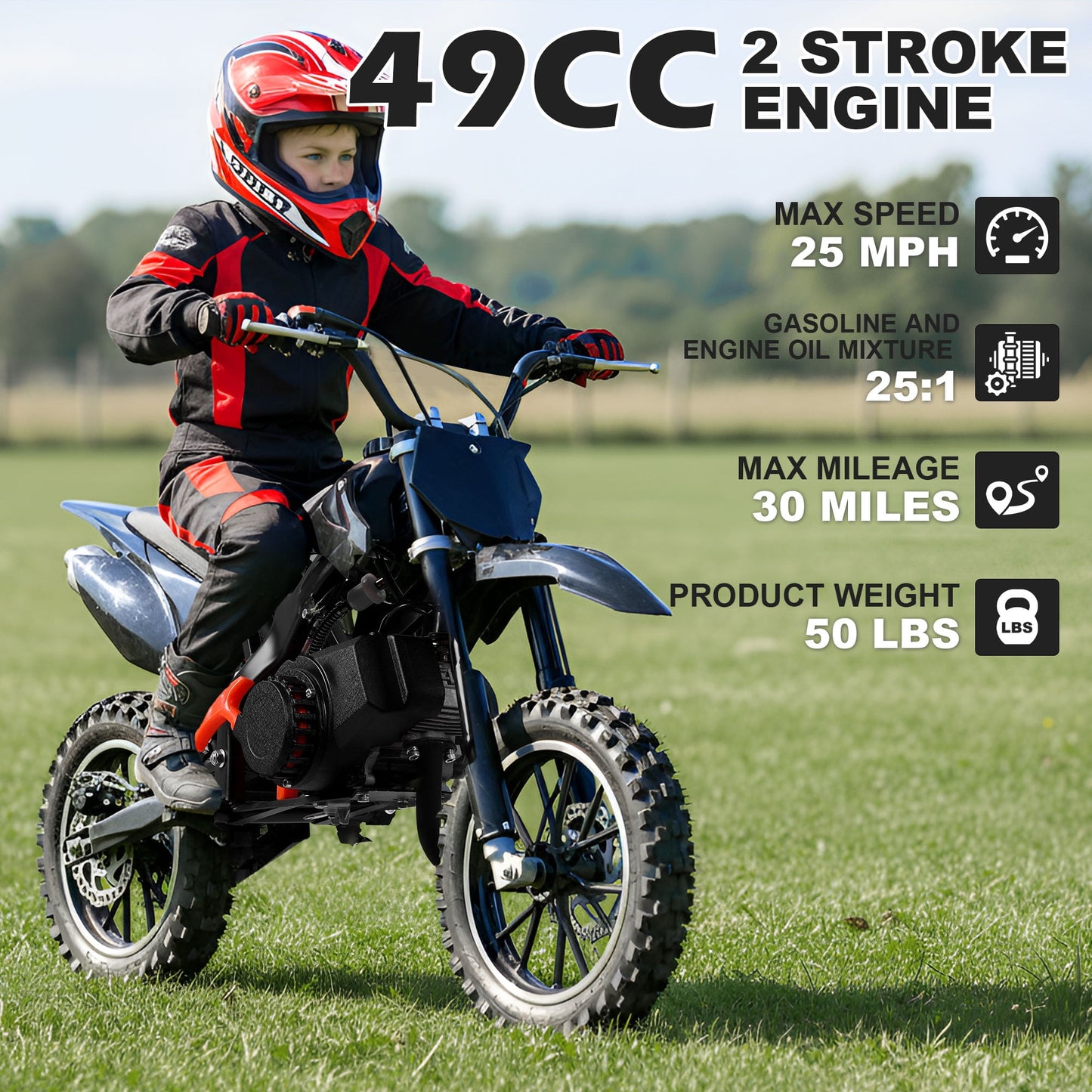 Gpower Gasoline 49cc Dirt Bike for Kids 6-15,2-Stroke Gas Power Mini Dirt Bike,1-Seater,Black