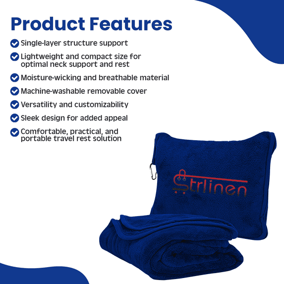 Strlinen 2-in-1 Travel Blanket & Pillow – Soft Airplane Blanket with Luggage Sleeve & Backpack Clip, Blue