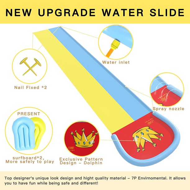 Terra Best Slip and Slide for Kids And Adults - 20FT Water Slides for Outdoor with 2 Body boards, Summer Toy with Build in Sprinkler Water Toys Play “Crown Scramble”