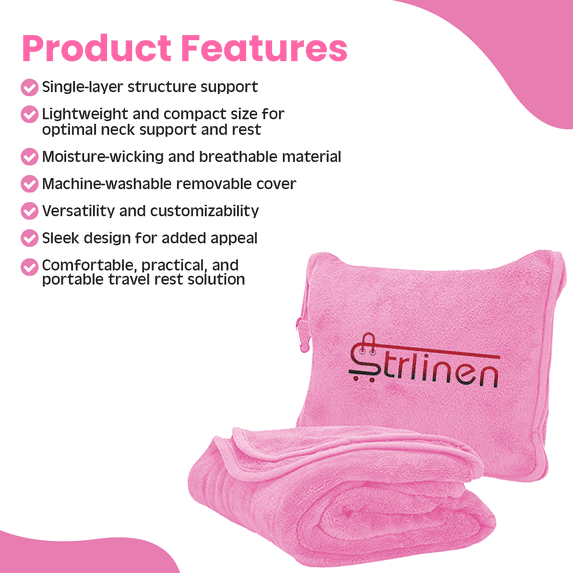 Strlinen 2-in-1 Travel Blanket & Pillow – Soft Airplane Blanket with Luggage Sleeve & Backpack Clip, Pink