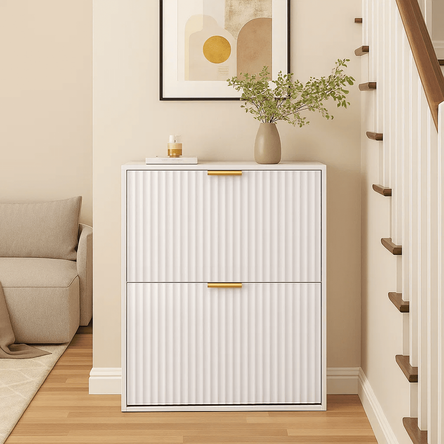 Dowellia Shoe storage cabinet with 2 flip-out drawers, Narrow shoe storage cabinet for entrance hall, Shoe storage cabinet in white wood