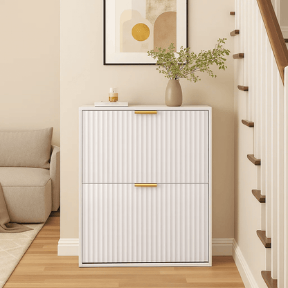 Dowellia Shoe storage cabinet with 2 flip-out drawers, Narrow shoe storage cabinet for entrance hall, Shoe storage cabinet in white wood