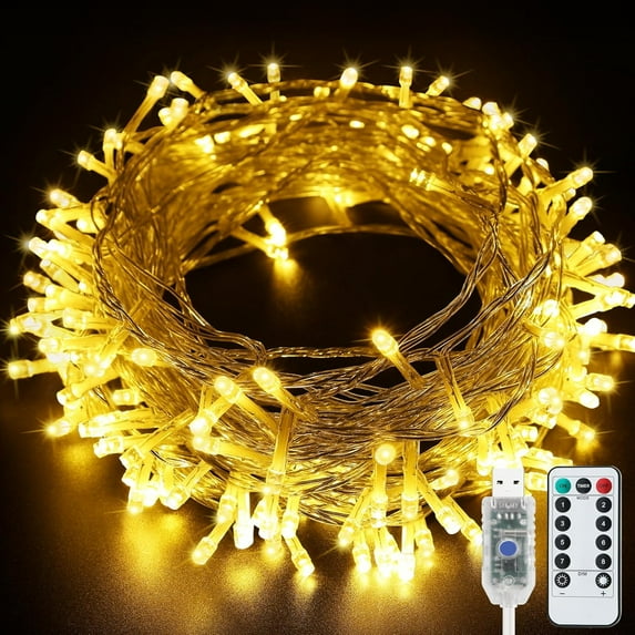 33ft (10m) USB Christmas Lights with Remote Control - 100 LED Warm White String Lights, 8 Lighting Modes, Waterproof for Indoor Outdoor Holiday Decor, Tree, Party, Wedding