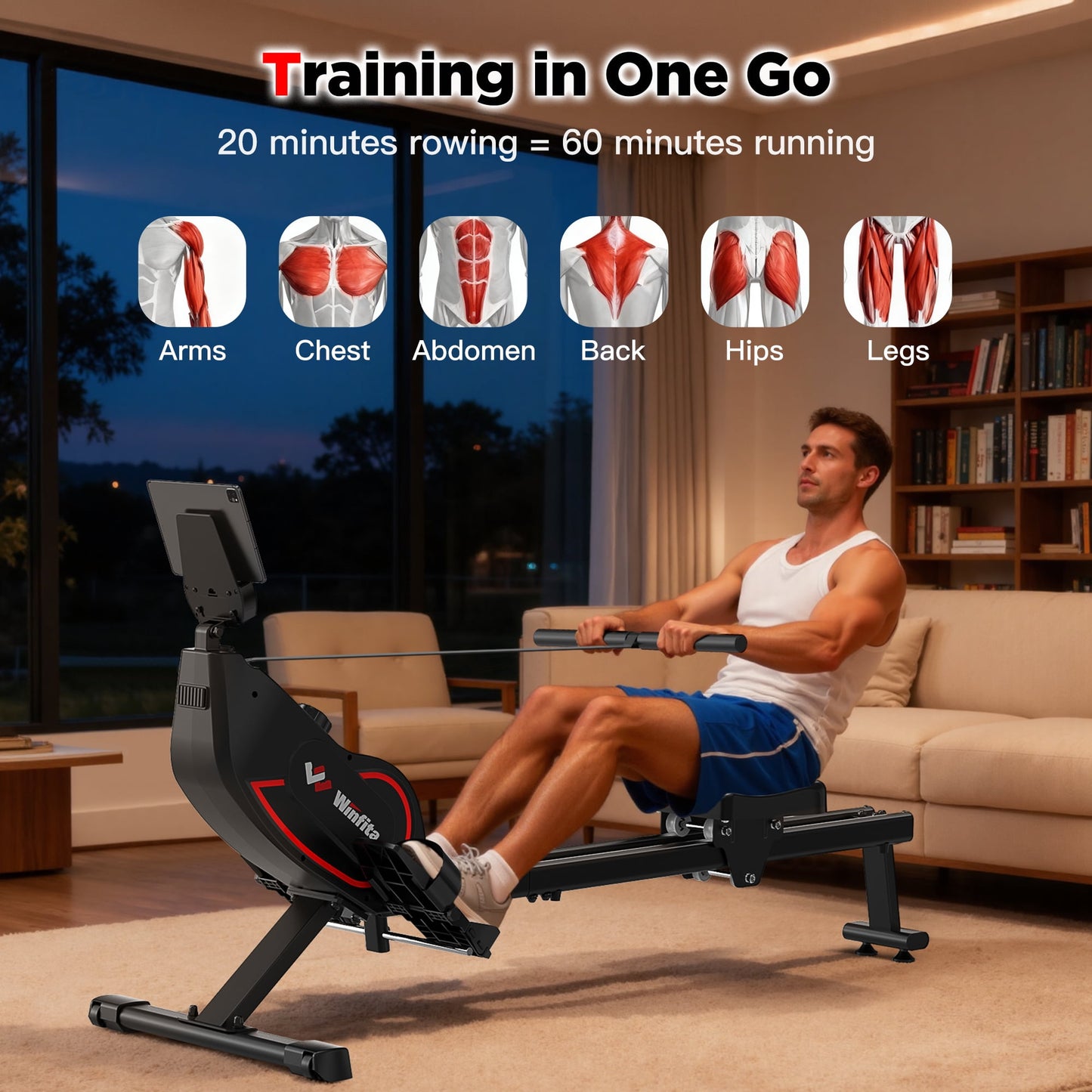 Magnetic Rowing Machines 115lbs Peak Resistance, 350lbs Weight Capacity, Indoor Foldable with 16 Levels Resistance, Dual Slide Rail, Bluetooth App Compatible for Home Workout