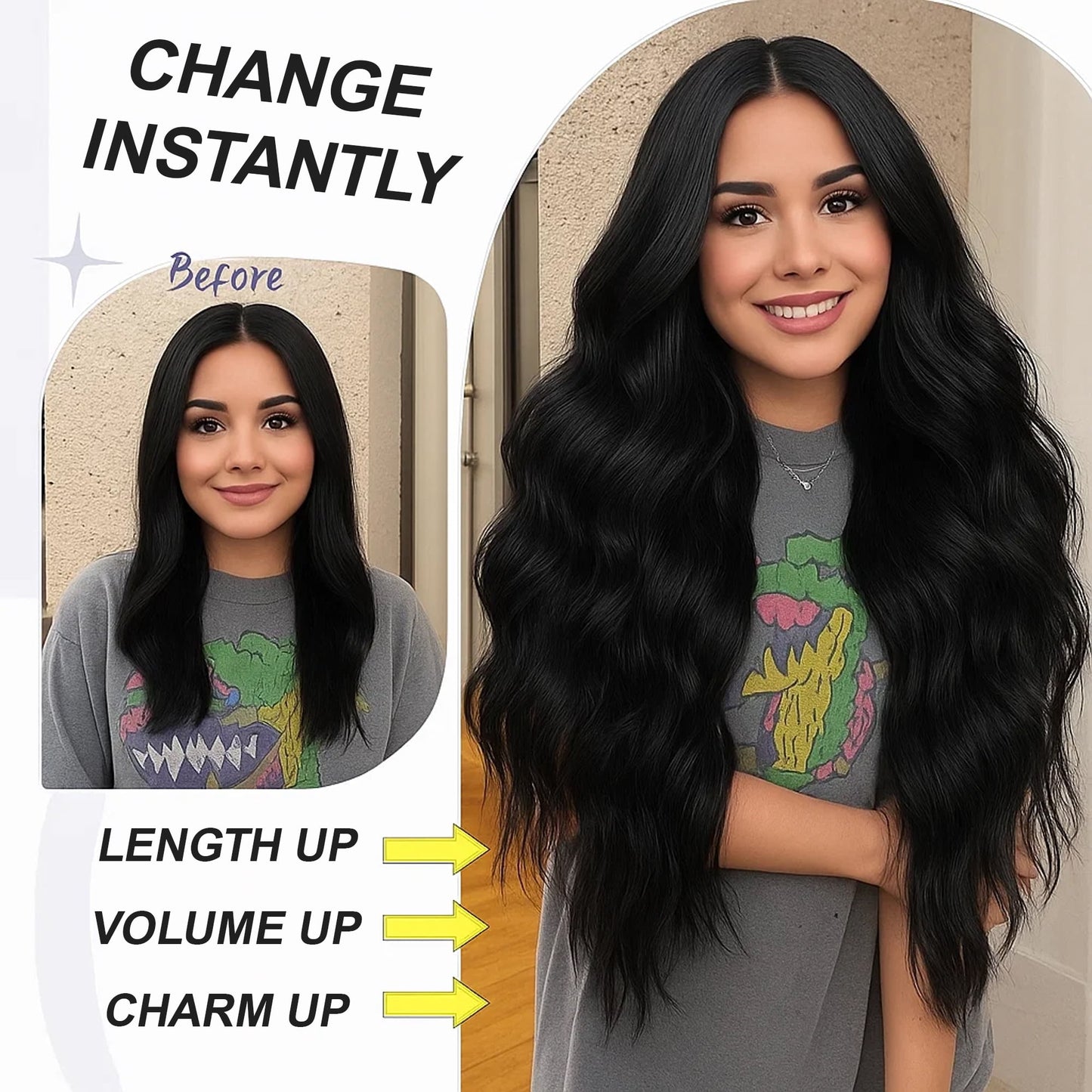 Jungle Wave Synthetic Clip in Hair Extensions 20 Inch 4Pcs Long Wavy Thick Hairpieces Double Weft Natural Hair Extensions for Women,Black